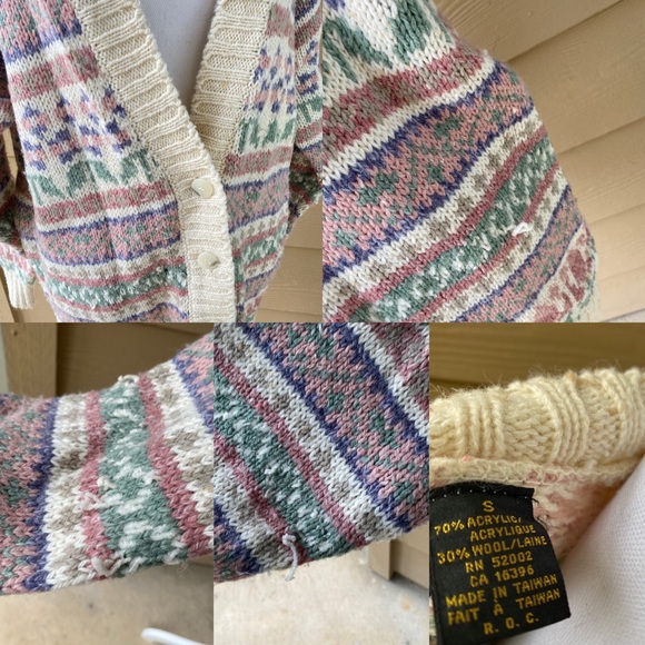 VTG Liz Sport Cream Pink & Light Green Chunky Button Up Cardigan Sweater - Picture 13 of 15